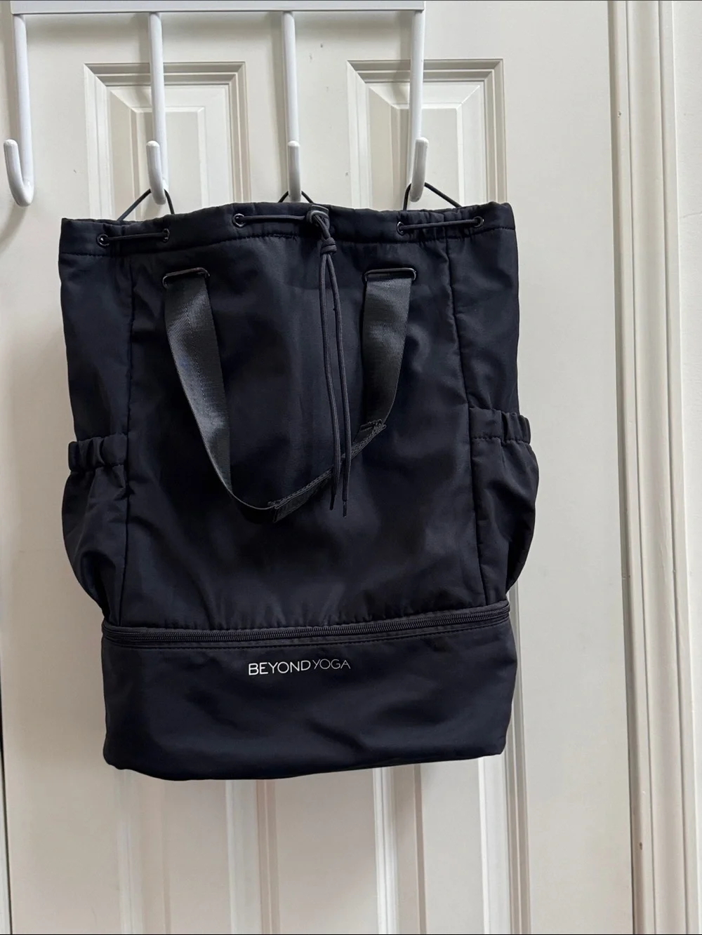 Beyond Yoga Black Drawstring Tote with Front Zip Compartment